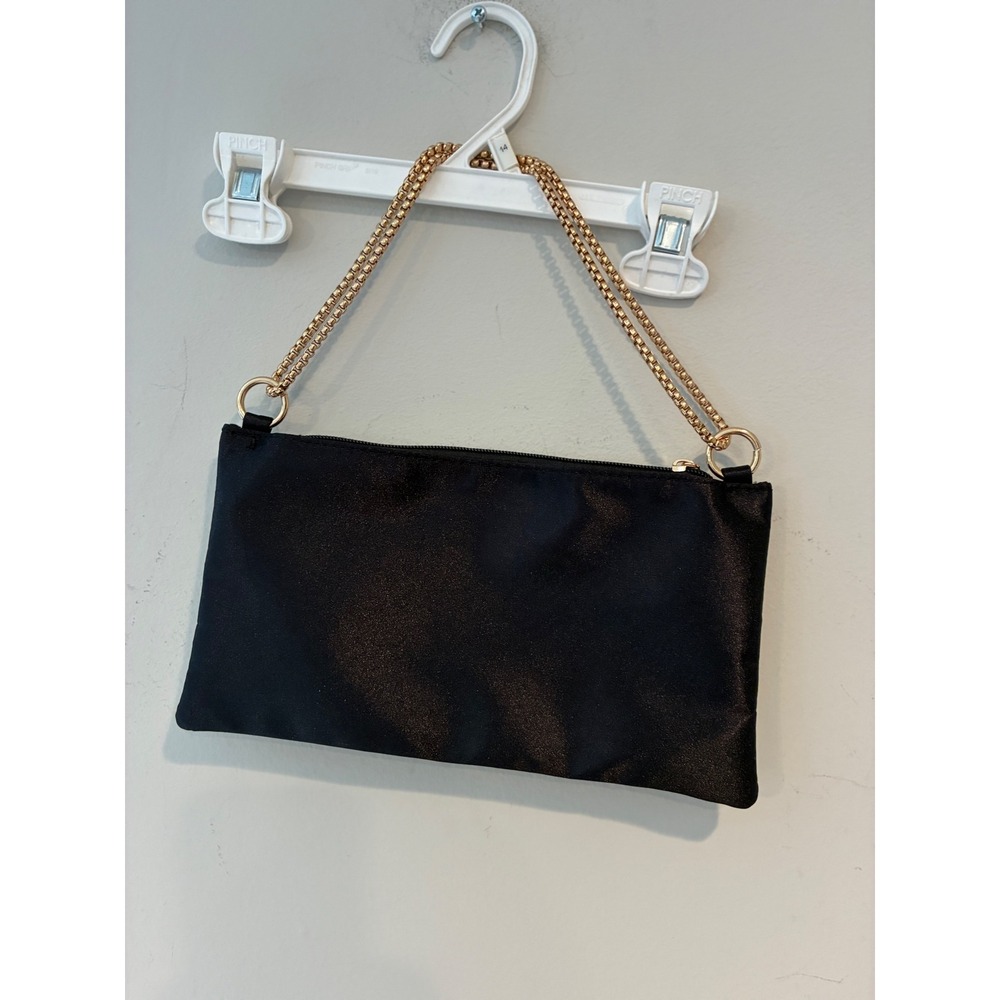 Black Shimmer Baguette Shoulder Bag Gold Chain Strap Metallic Sparkle Clutch